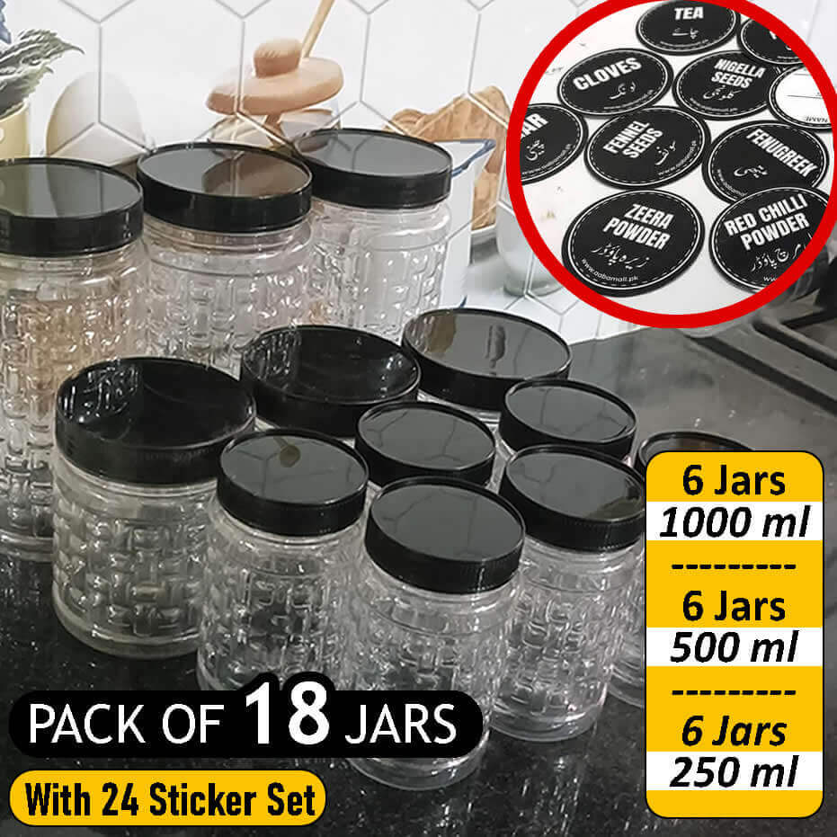 18 Pure Plastic Jars With Sticker Set & Sale Price in Pakistan