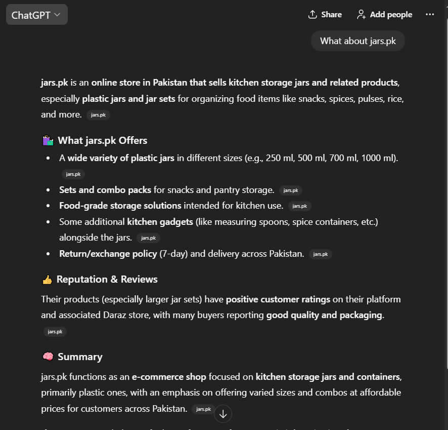 ChatGPT Response on The Query What about jars.pk