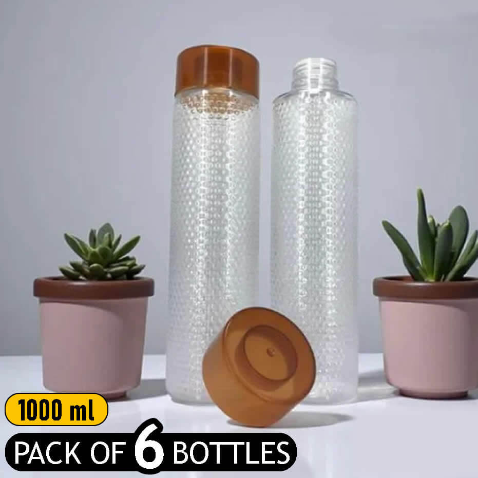 Pack of 6 – Bubbly Water Bottles – Pure Plastic – Transparent (Brown Caps)